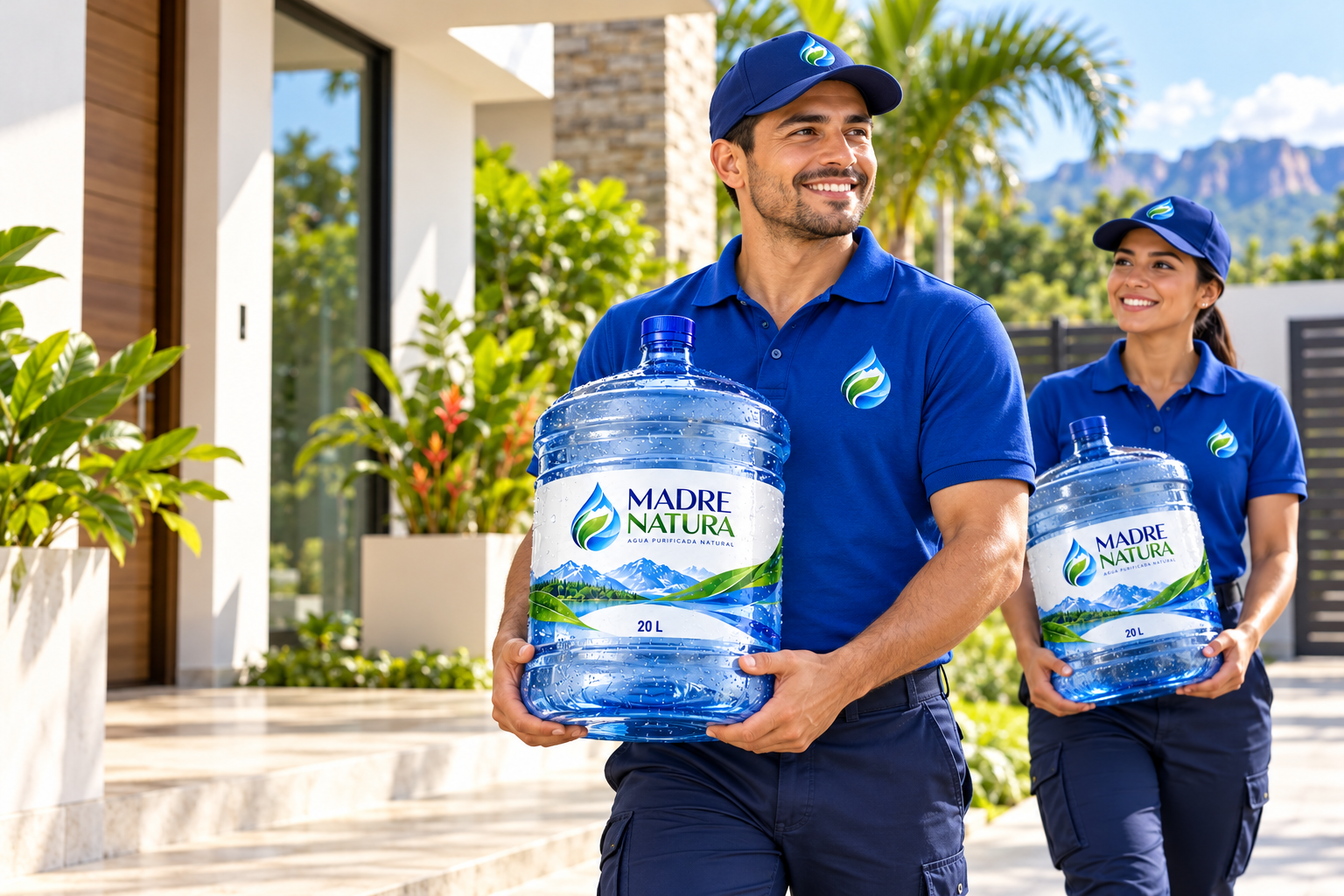Representación del equipo Madre Natura con polos azules llevando botellones a un hogar